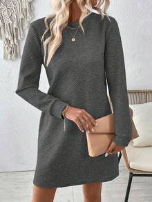 SHEIN LUNE Váy dài tay màu trơn đơn giản thường ngày - Màu xám đen - Xem 5