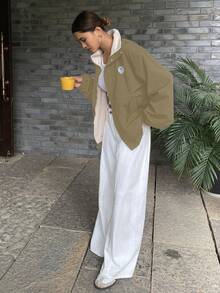 DAZY 女式宽松图案高领拉链夹克，复合面料 - 卡其色 - 查看 3