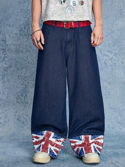 Grunge Punk Herren Loose Fit Lässig Jeans mit Flaggen-Grafik Taschen