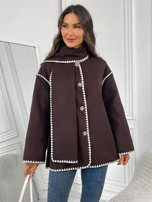 EMERY ROSE Women's Casual Loose Drop Shoulder Woolen Coat, Autumn/Winter,Women's Winter Clothes - Coffee Brown - View 1