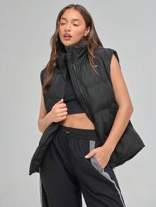 Menodora SHEIN Sport Áo vest không tay có khóa kéo cổ cao màu trơn đơn giản dành cho nữ, đi làm hàng ngày, mùa thu/đông - màu đen - Xem 2