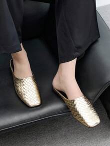 CUCCOO BIZCHIC Dép xỏ ngón đế vuông thời trang chất liệu dệt màu nâu dành cho nữ - Vàng - Xem 4