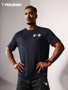 Manfinity Sport Polished Herren Kurzarm T-Shirt mit Hantel-Muster, rundhalsausschnitt, atmungsaktiv, Sommer Lässig Sport T-Shirt, Workout Top, graues Shirt mit Basketball Grafik T-Shirt Trikot für Herren - marineblau - Übersicht 7