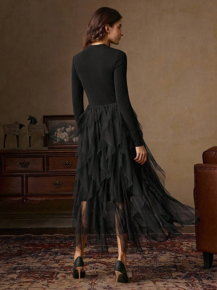 Elegant Vintage French Style Black Mock Neck Mesh Patchwork Fit & Flare Dress, Autumn
