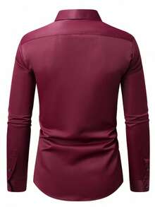 Manfinity Mode Plus Size Men Solid Color Front Button Business Casual Long Sleeve Shirt, Fall - Burgundy - View 2