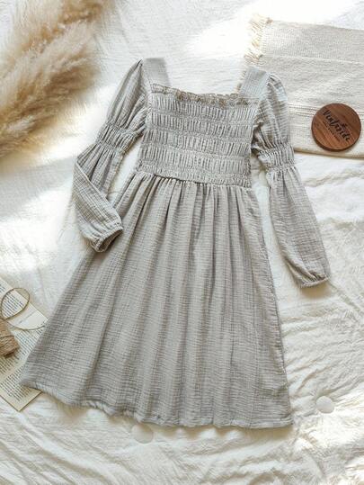 Vintaside Kids 女童休闲泡泡袖灰色套头棉质连衣裙，秋季