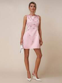 COSMINA Women's Elegant Rhinestone Floral Waist Fitted Mini Dress, Suitable For Banquet, Wedding Guest Rhinestone Embellished Dress - Dusty Pink - View 5