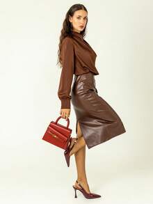 House of One Back Split Thigh Brown PU Leather High Waist Slit Bodycon Pencil Midi Skirt Women Elegant Fall Brown Leather Skirt Brown Skirt For Women Fall Women Clothes Office Old Money Outfits For Women Fall Outfits Business Professional Women Business Casual Woman