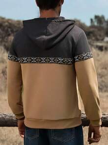 Manfinity Nomadique Men's Casual Contrast Texture Drawstring Hoodie, Spring And Autumn Outing Long-Sleeved Color-Blocking Hoodie, Gifts For Friends, Husbands, Boyfriends