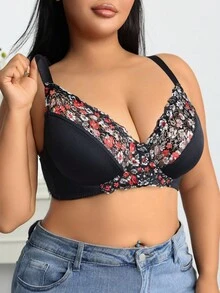 1pc Plus Size Lace Padded Underwire Bra, Romantic Women's Lingerie, Lift - Multicolor - View 4
