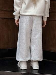 女童休闲英文标语刺绣羊毛宽松抽绳裤，适合秋季日常穿着和运动 - 淺灰色 - 查看 2