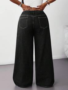 SHEIN Tall CURVE Quần jean ống rộng cạp thấp ống rộng lưng thấp dễ thương phong cách thập niên 2000 dễ thương trở lại trường học trở về nhà Y2k sân bay giản dị tiền cũ thường ngày giặt sạch - màu đen - Xem 2