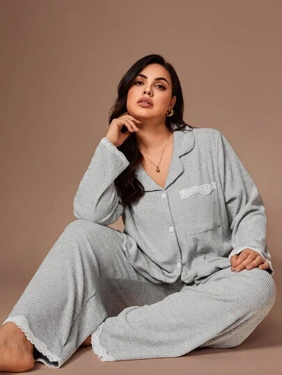 Lazeform Plus Size Women Knitted Ribbed Plush Contrast Lace Trim Top & Pants Loungewear Set, Suitable For Outerwear Fall Winter Clothes