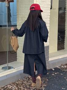 DAZY Tween Girl Fashion Solid Color Long Sleeve Loose Fit Shirt Denim Set - Blue - View 4