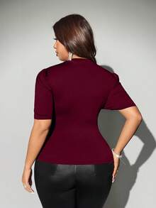 Viva Relle Valentine Women's Elegant V-Neck Lace-Trimmed Halter Neck Design, Red Plus Size Short-Sleeved Top, Perfect For Parties, Christmas, And New Year's. - Burgundy - View 5