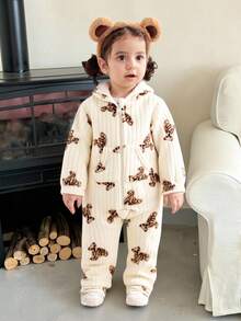 LMoss Kids LMoss 女婴小熊图案针织休闲连帽连体衣，小熊套装，男女通用婴儿服装，冬季婴儿服装，连帽婴儿连体衣，舒适的秋冬款式，冬季服装，卫衣 - 黑色 - 查看 6