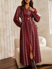 LanaWest 女士印花长款休闲连衣裙，适合初秋 - 紅木色 - 查看 5