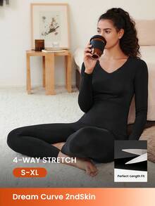 LUVLETTE 女士保暖内衣超柔软底层寒冷天气温暖冬季睡衣套装 V 领上衣和长裤 - 黑色轻盈保暖套装 - 黑色 - 查看 1