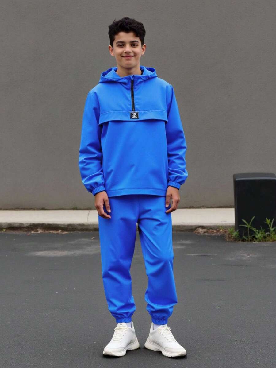 SHEIN Tween Boy 2Pcs Set: Half-Zip Hooded Jacket And Jogger Pants, Casual Sports Style For Autumn/Winter - Royal Blue - View 1