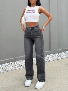 SHEIN Cottnline HIGH RISE STRAIGHT CUT LIGHT BLUE JEAN TALL ,Petite Women - Light Grey - View 6