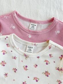 Loomiva 4 件套女婴植物花卉图案针织柔软圆领长袖上衣和松紧腰紧身裤贴身睡衣套装