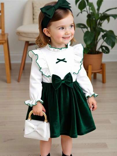 Vestido de terciopelo con parches florales para niñas bebé, con decoración de lazo 3D, manga larga, casual diario, lindo, de vacaciones, elegante