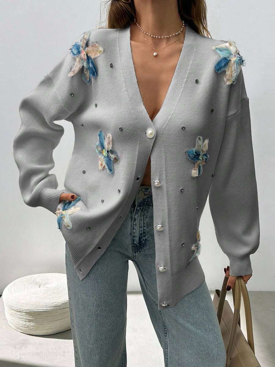 SHEIN Woman Appliques And Rhinestones Detailed Button Front Cardigan - Grey - View 1
