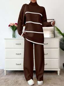 SHEIN Women Mock Neck Stripe Patter Sweater - Mocha Brown - View 1