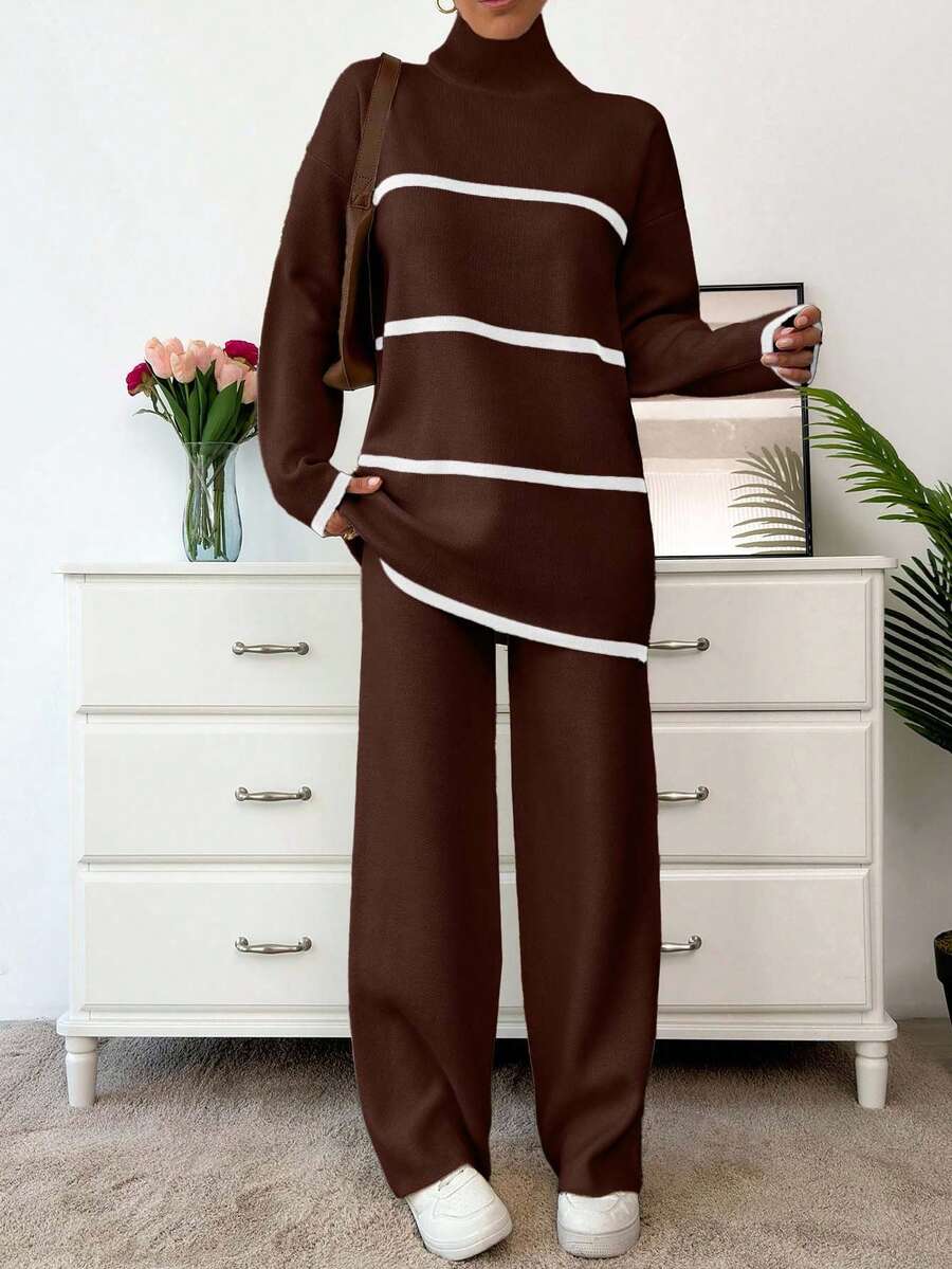 SHEIN Women Mock Neck Stripe Patter Sweater - Mocha Brown - View 1