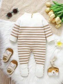 SHEIN 1pc Newborn Striped Crew Neck Long Sleeve Romper, Casual & Minimalist Design
