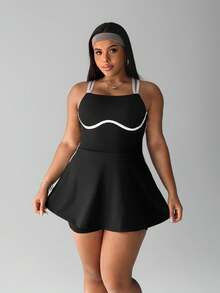 Rhythm Era Plus Size Women's Colorblock Shoulder Strap Adjustable Buckle Front Panel Contrast Trim Sleeveless Casual Dress With Detachable Shorts Pockets, Suitable For Daily Casual Wear, Running, Yoga, Gym, Tennis, Golf, Etc., Spring/Summer/Autumn - Black - View 3