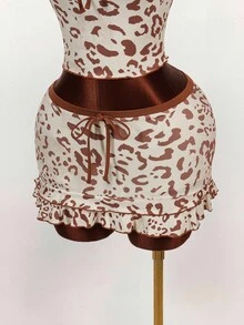 Bộ 3 món Y2K Amplova: Áo vest bohemian cổ điển xếp nếp họa tiết da báo màu tương phản, áo bandeau thắt nơ họa tiết da báo màu tương phản, váy ngắn ôm sát viền xếp nếp, phù hợp với trang phục gợi cảm hàng ngày - Màu Khaki - Xem 10