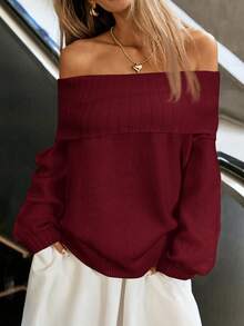 Siren Gaze Christmas Long-Haired Faux Mink Sweater  New Year Clothes  Women's Casual Solid Color Off-Shoulder Sweater, Autumn/Winter Spring Valentine's Day - Rose Red - View 5