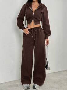 SHEIN PETITE 女士休闲日常通勤运动简约纯色拉链抽绳连帽短款运动衫和宽松阔腿运动裤套装 - 棕色 - 查看 3