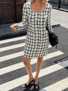 Chiquease Fashionable & Elegant Plaid Long Sleeve Midi Dress, Suitable For Commuting - Black and White - View 6
