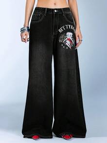 Betty Boop | ROMWE Quần jean ống đứng dáng rộng siêu dài Y2K thêu họa tiết thánh giá và hoa hồng Gothic màu bạc - màu đen - Xem 3