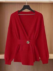 GlowEve 女士纯色落肩长袖休闲针织开衫，秋冬 - 紅色 - 查看 5