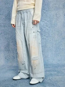 ROMWE MEN Street Life Men's Striped Pocket Punk Wide Leg Distressed Loose Fit Jeans - Light Wash - View 9