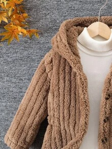 Elladie kids 1 件女童经典街头风连帽长袖毛绒夹克 - 棕色 - 查看 3