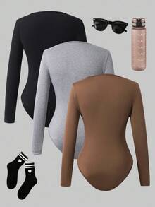 SHEIN Sparklyn Tween Girls European Style High Elasticity Crew Neck Long Sleeve Jumpsuit - Black - View 2