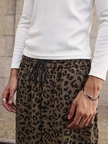 SWAVVY Men's Casual Fashion Street Corduroy Leopard Print Drawstring Waist Loose Wide Leg Pants, Fall/Winter