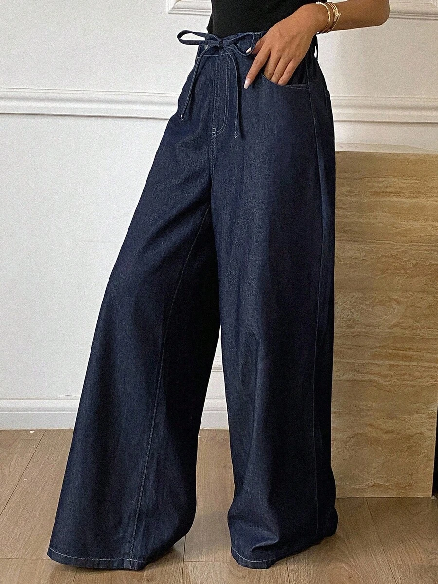 Livesso Women's Tie Waist Pocket Wide Leg Loose Casual Jeans - Dark Wash - View 1