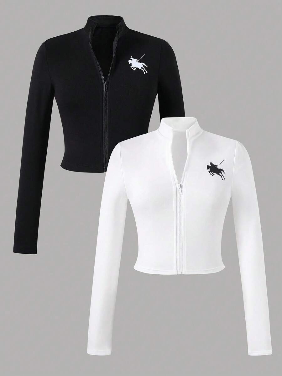 SHEIN 适合青少年女孩春秋装的合身小马印花拉链夹克 - 彩色 - 查看 1