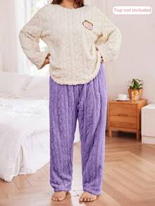 SHEIN Plus Size Women Elastic Waist Jacquard Fleece Fluffy Sleep Pants, Winter, Cozy - Purple - View 4