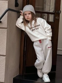 女童休闲英文标语刺绣羊毛宽松抽绳裤，适合秋季日常穿着和运动 - 淺灰色 - 查看 6