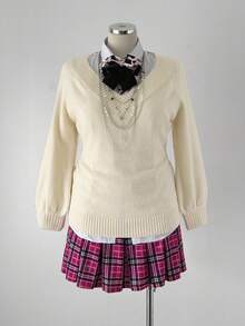 Sunspun Suéter ajustado con cuello en V profundo, estilo retro, para otoño/invierno - Albaricoque - Ver 4