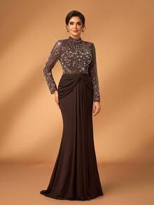 Serin Elegancka, luksusowa, koralikowa i cekinowa, kwiatowa, przezroczysta, rozciągliwa dzianinowa sukienka maxi o kroju syreny z długim rękawem, idealna na wesela, imprezy, wakacje, gale, wieczory panieńskie, formalna suknia dla matki panny młodej (bogato zdobiona)