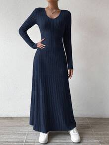 Almamuse Solid Color V-Neck Knit Fleece Long Sleeve A-Line Dress Maxi Women Outfit - Navy Blue - View 7