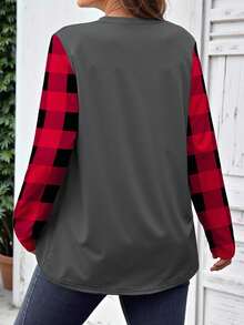 EMERY ROSE Blusa de manga larga con cuello redondo, talla grande, estampado de galletas y cuadros en patchwork, de estilo casual para mujer - Multicolor - Ver 2