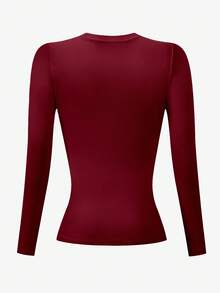 INAWLY 女士休闲纯色圆领长袖 T 恤 - 酒紅色 - 查看 2